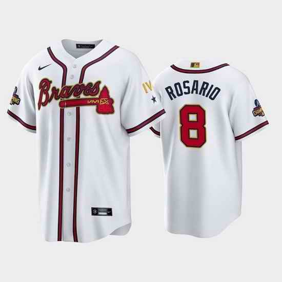 Men Atlanta Braves #8 Eddie Rosario 2022 White Gold World Series Champions Program Cool Base Stitched Baseball jersey