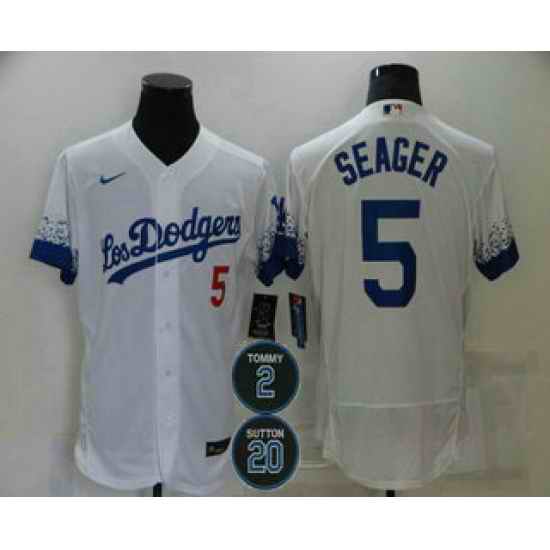 Men Los Angeles Dodgers 5 Corey Seager White #2 20 Patch City Connect Flex Base Stitched Jersey