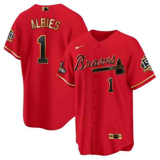 Men Atlanta Braves #1 Ozzie Albies 2021 Red Gold World Series Champions With 150th Anniversary Patch Cool Base Stitched Jersey