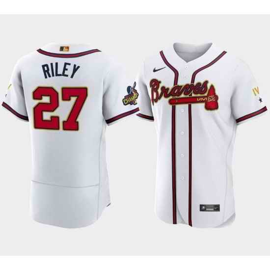 Men Atlanta Braves #27 Austin Riley 2022 White Gold World Series Champions Program Flex Base Stitched Baseball jersey
