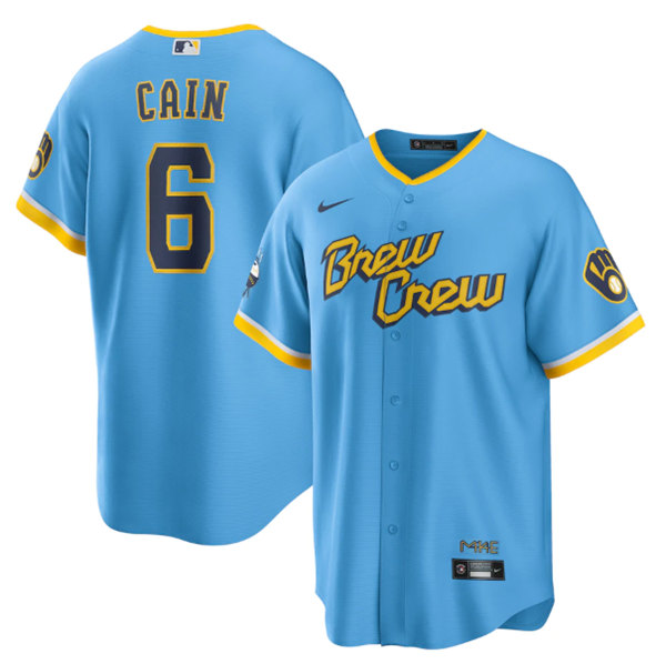 Men's Milwaukee Brewers #6 Lorenzo Cain Powder Blue 2022 City Connect Cool Base Stitched Jersey->minnesota twins->MLB Jersey