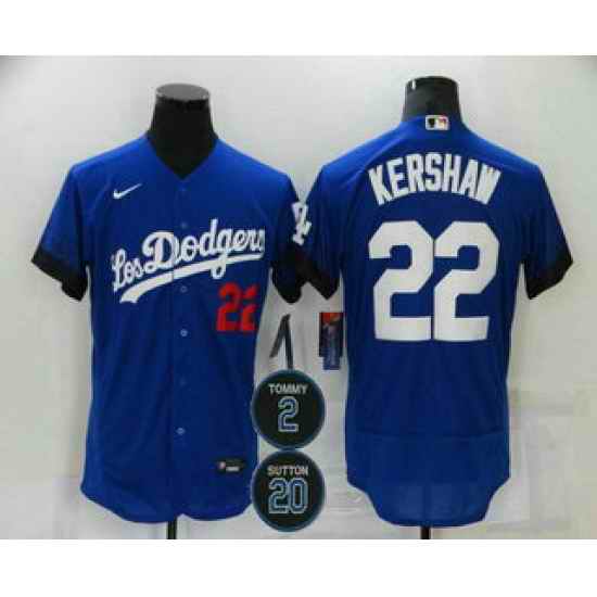 Men Los Angeles Dodgers 22 Clayton Kershaw Blue #2 20 Patch City Connect Flex Base Stitched Jersey