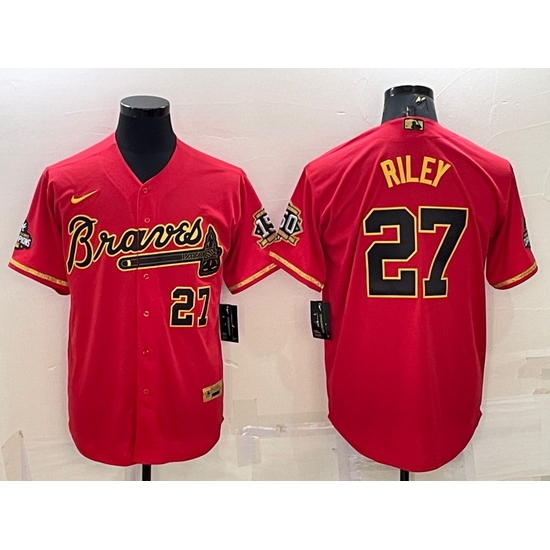 Men Atlanta Braves #27 Austin Riley Red Gold Cool Base Stitched Baseball Jersey