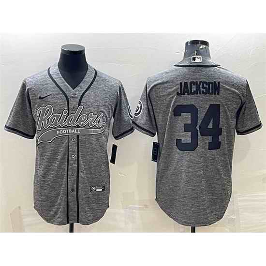 Men Las Vegas Raiders #34 Bo Jackson Grey With Patch Cool Base Stitched Baseball Jersey->las vegas raiders->NFL Jersey