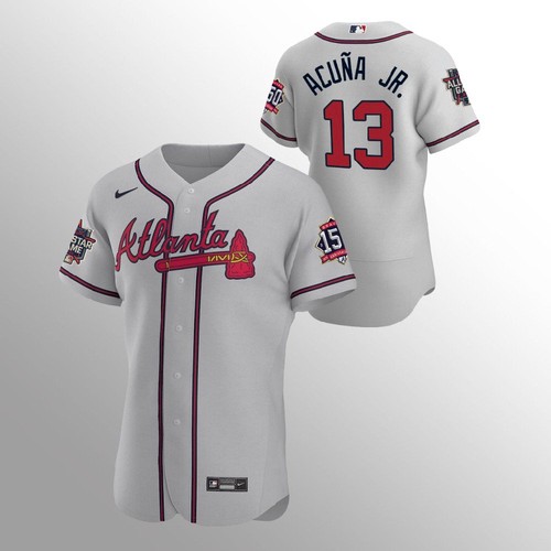 Atlanta Atlanta Braves #13 Ronald Acuna Jr. Men’s Nike 150th Anniversary 2021 World Series Authentic MLB Jersey – Grey Men’s