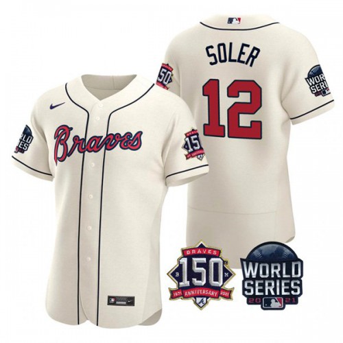 Atlanta Atlanta Braves #12 Jorge Soler Men’s Nike 150th Anniversary 2021 World Series Authentic MLB Jersey – Cream Men’s