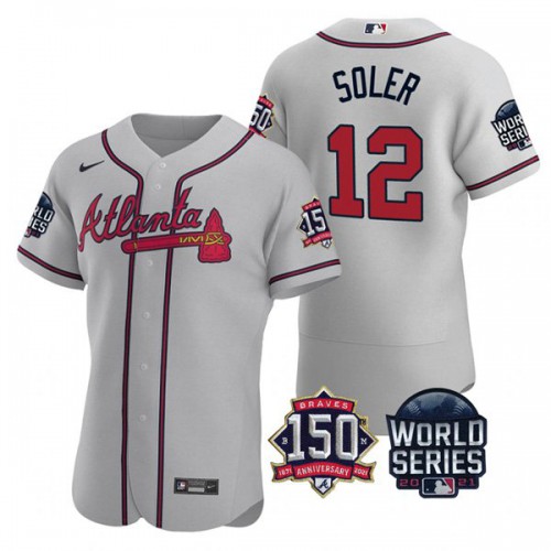 Atlanta Atlanta Braves #12 Jorge Soler Men’s Nike 150th Anniversary 2021 World Series Authentic MLB Jersey – Grey Men’s
