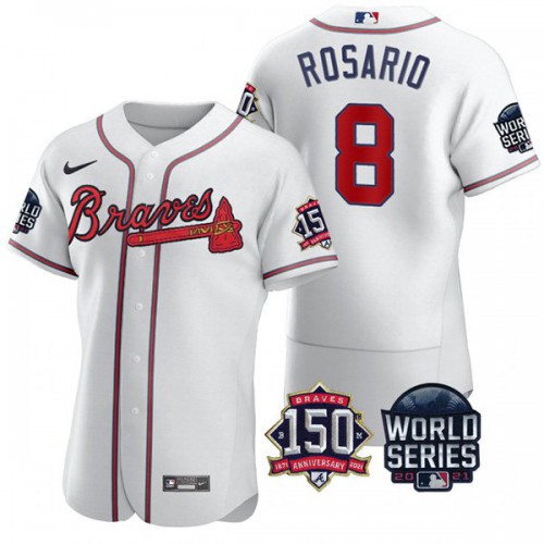 Atlanta Atlanta Braves #8 Eddie Rosario Men’s Nike 150th Anniversary 2021 World Series Authentic MLB Jersey – White Men’s