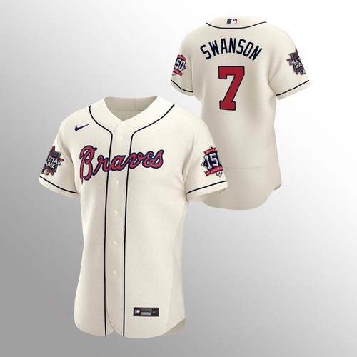 Atlanta Atlanta Braves #7 Dansby Swanson Men’s Nike 150th Anniversary 2021 World Series Authentic MLB Jersey – Cream Men’s
