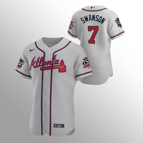 Atlanta Atlanta Braves #7 Dansby Swanson Men’s Nike 150th Anniversary 2021 World Series Authentic MLB Jersey – Grey Men’s