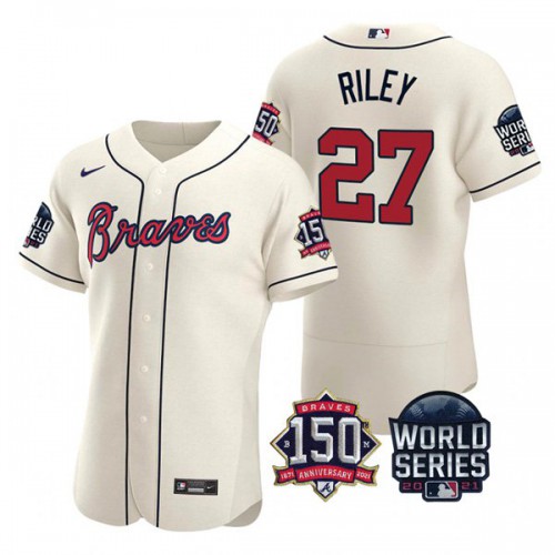Atlanta Atlanta Braves #27 Austin Riley Men’s Nike 150th Anniversary 2021 World Series Authentic MLB Jersey – Cream Men’s