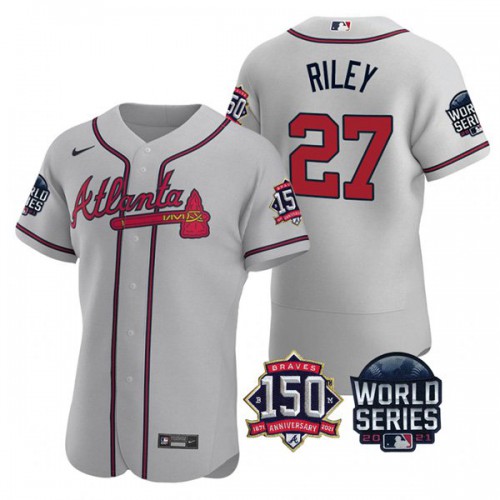 Atlanta Atlanta Braves #27 Austin Riley Men’s Nike 150th Anniversary 2021 World Series Authentic MLB Jersey – Grey Men’s