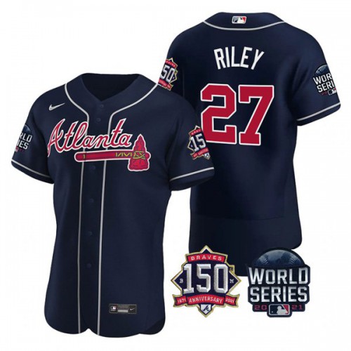 Atlanta Atlanta Braves #27 Austin Riley Men’s Nike 150th Anniversary 2021 World Series Authentic MLB Jersey – Navy Men’s
