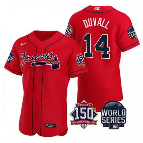 Atlanta Atlanta Braves #14 Adam Duvall Men’s Nike 150th Anniversary 2021 World Series Authentic MLB Jersey – Red Men’s