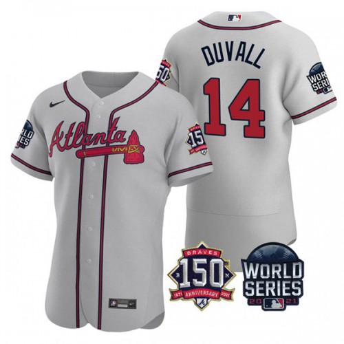 Atlanta Atlanta Braves #14 Adam Duvall Men’s Nike 150th Anniversary 2021 World Series Authentic MLB Jersey – Grey Men’s