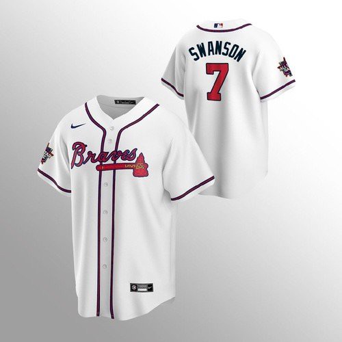 Atlanta Atlanta Braves #7 Dansby Swanson Men’s Nike 150th Anniversary 2021 World Series Game MLB Jersey – White Men’s->atlanta braves->MLB Jersey