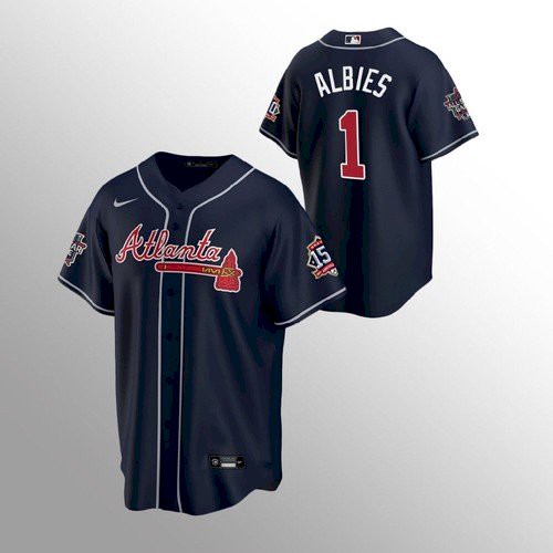 Atlanta Atlanta Braves #1 Ozzie Albies Men’s Nike 150th Anniversary 2021 World Series Game MLB Jersey – Navy Men’s