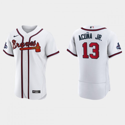 Atlanta Atlanta Braves #13 Ronald Acuna Jr. Men’s Nike 2021 World Series Champions Patch MLB Authentic Player Jersey – White Men’s