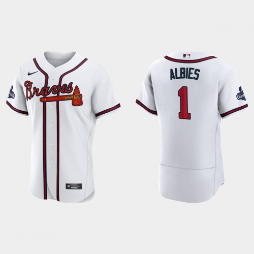Atlanta Atlanta Braves #1 Ozzie Albies Men’s Nike 2021 World Series Champions Patch MLB Authentic Player Jersey – White Men’s