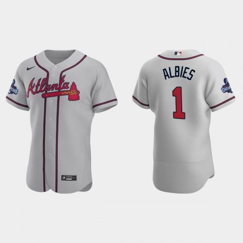 Atlanta Atlanta Braves #1 Ozzie Albies Men’s Nike 2021 World Series Champions Patch MLB Authentic Player Jersey – Gray Men’s