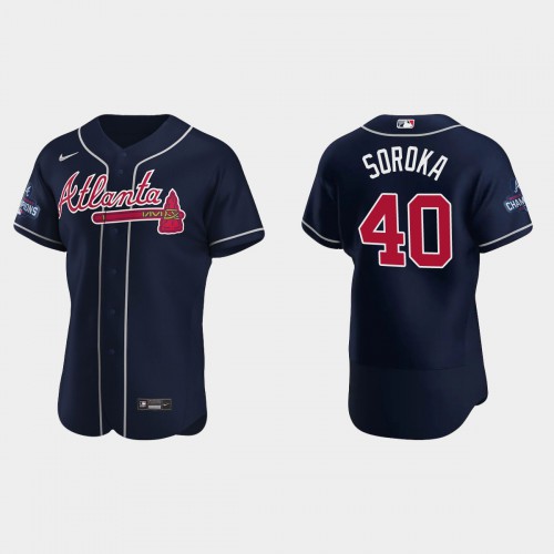 Atlanta Atlanta Braves #40 Mike Soroka Men’s Nike 2021 World Series Champions Patch MLB Authentic Player Jersey – Navy Men’s