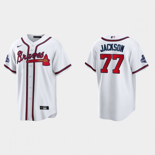 Atlanta Atlanta Braves #77 Luke Jackson Men’s Nike 2021 World Series Champions Patch MLB Authentic Player Jersey – White Men’s