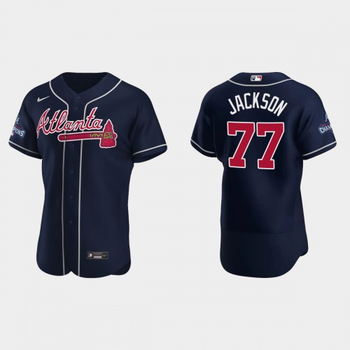 Atlanta Atlanta Braves #77 Luke Jackson Men’s Nike 2021 World Series Champions Patch MLB Authentic Player Jersey – Navy Men’s