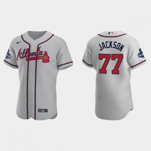 Atlanta Atlanta Braves #77 Luke Jackson Men’s Nike 2021 World Series Champions Patch MLB Authentic Player Jersey – Gray Men’s