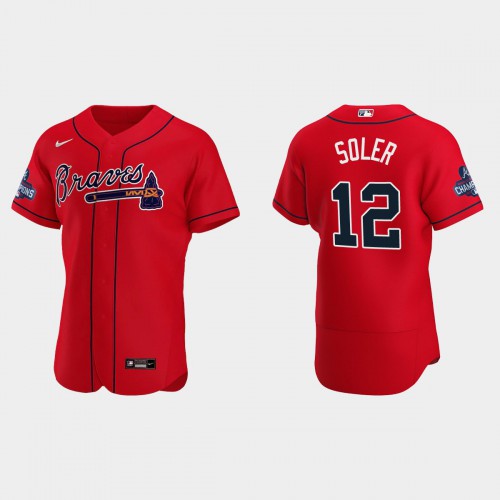 Atlanta Atlanta Braves #12 Jorge Soler Men’s Nike 2021 World Series Champions Patch MLB Authentic Player Jersey – Red Men’s