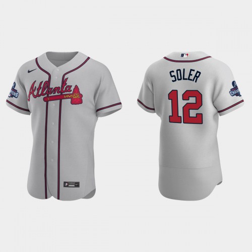 Atlanta Atlanta Braves #12 Jorge Soler Men’s Nike 2021 World Series Champions Patch MLB Authentic Player Jersey – Gray Men’s