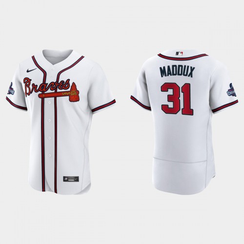 Atlanta Atlanta Braves #31 Greg Maddux Men’s Nike 2021 World Series Champions Patch MLB Authentic Player Jersey – White Men’s