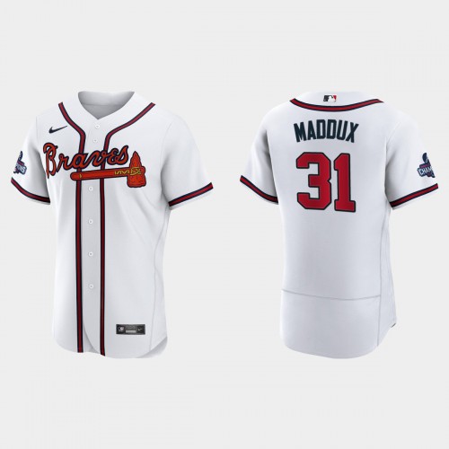 Atlanta Atlanta Braves #31 Greg Maddux Men’s Nike 2021 World Series Champions Patch MLB Authentic Player Jersey – White Men’s->atlanta braves->MLB Jersey