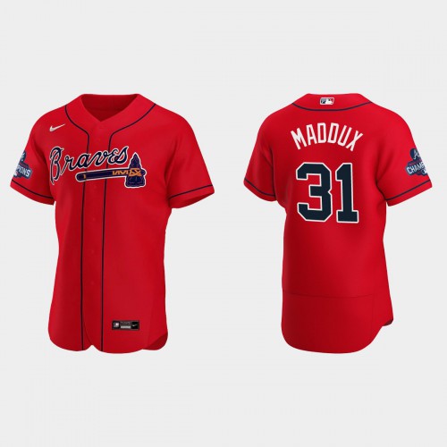 Atlanta Atlanta Braves #31 Greg Maddux Men’s Nike 2021 World Series Champions Patch MLB Authentic Player Jersey – Red Men’s->atlanta braves->MLB Jersey