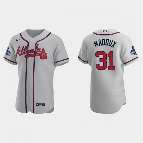 Atlanta Atlanta Braves #31 Greg Maddux Men’s Nike 2021 World Series Champions Patch MLB Authentic Player Jersey – Gray Men’s
