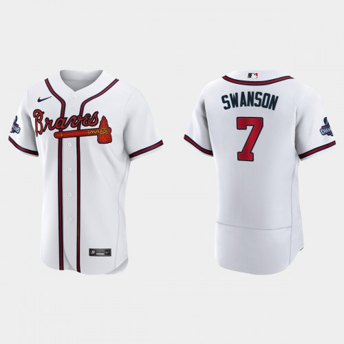 Atlanta Atlanta Braves #7 Dansby Swanson Men’s Nike 2021 World Series Champions Patch MLB Authentic Player Jersey – White Men’s
