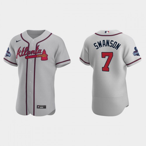 Atlanta Atlanta Braves #7 Dansby Swanson Men’s Nike 2021 World Series Champions Patch MLB Authentic Player Jersey – Gray Men’s