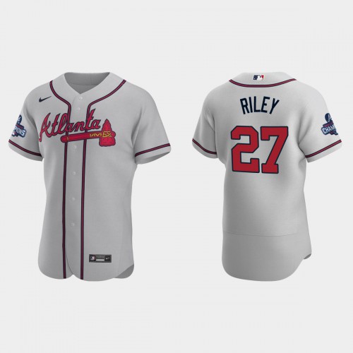 Atlanta Atlanta Braves #27 Austin Riley Men’s Nike 2021 World Series Champions Patch MLB Authentic Player Jersey – Gray Men’s->atlanta braves->MLB Jersey