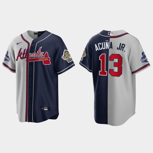 Atlanta Atlanta Braves #13 Ronald Acuna Jr. Men’s Nike 2021 World Series Champions 1995 Throwback Split Gray Navy MLB Stitched Jersey Men’s