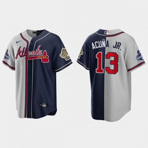 Atlanta Atlanta Braves #13 Ronald Acuna Jr. Men’s Nike 2021 World Series Champions 1995 Throwback Split Gray Navy MLB Stitched Jersey Men’s->atlanta braves->MLB Jersey