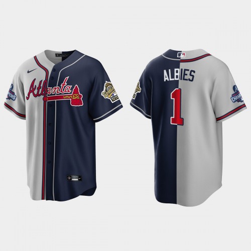 Atlanta Atlanta Braves #1 Ozzie Albies Men’s Nike 2021 World Series Champions 1995 Throwback Split Gray Navy MLB Stitched Jersey Men’s