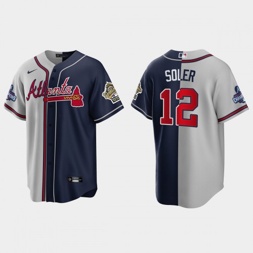 Atlanta Atlanta Braves #12 Jorge Soler Men’s Nike 2021 World Series Champions 1995 Throwback Split Gray Navy MLB Stitched Jersey Men’s