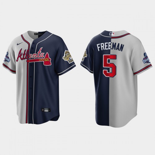 Atlanta Atlanta Braves #5 Freddie Freeman Men’s Nike 2021 World Series Champions 1995 Throwback Split Gray Navy MLB Stitched Jersey Men’s