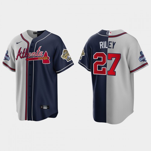 Atlanta Atlanta Braves #27 Austin Riley Men’s Nike 2021 World Series Champions 1995 Throwback Split Gray Navy MLB Stitched Jersey Men’s