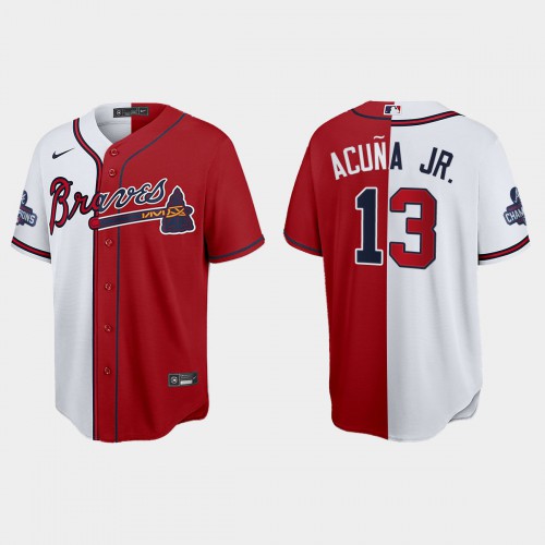 Atlanta Atlanta Braves #13 Ronald Acuna Jr. Men’s Nike 2021 World Series Champions Split Red White MLB Stitched Jersey Men’s