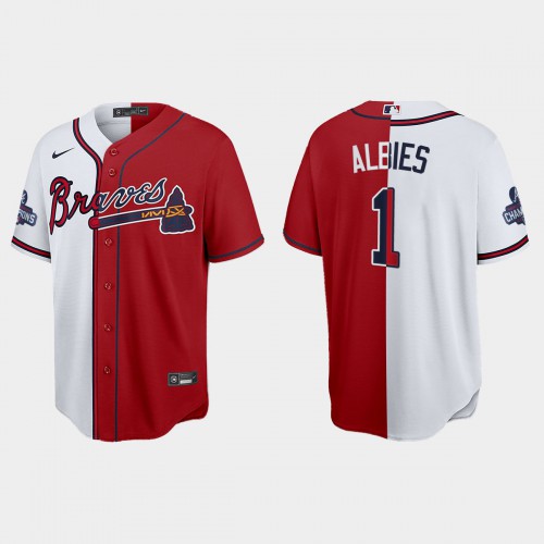Atlanta Atlanta Braves #1 Ozzie Albies Men’s Nike 2021 World Series Champions Split Red White MLB Stitched Jersey Men’s
