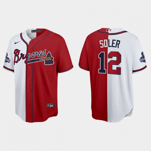 Atlanta Atlanta Braves #12 Jorge Soler Men’s Nike 2021 World Series Champions Split Red White MLB Stitched Jersey Men’s