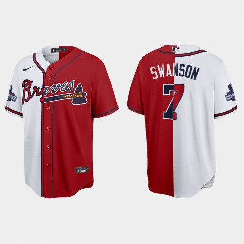 Atlanta Atlanta Braves #7 Dansby Swanson Men’s Nike 2021 World Series Champions Split Red White MLB Stitched Jersey Men’s