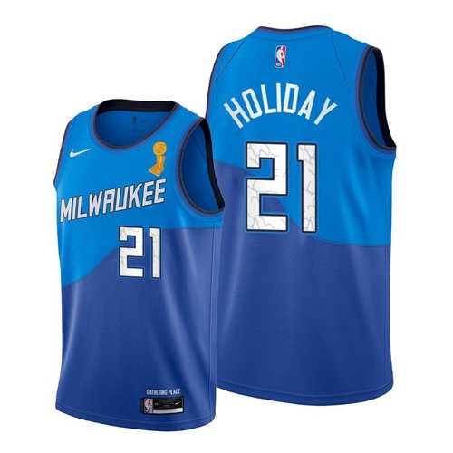 Nike Milwaukee Bucks #21 Jrue Holiday 2021 NBA Finals Champions City Edition Jersey Blue Men’s->milwaukee bucks->NBA Jersey