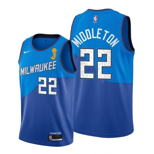 Nike Milwaukee Bucks #22 Khris Middleton 2021 NBA Finals Champions City Edition Jersey Blue Men’s->youth nba jersey->Youth Jersey