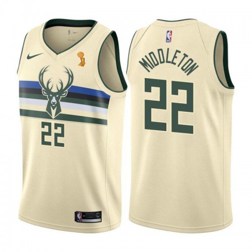 Nike Milwaukee Bucks #22 Khris Middleton 2021 NBA Finals Champions Swingman City Edition Jersey Cream Men’s->oklahoma city thunder->NBA Jersey